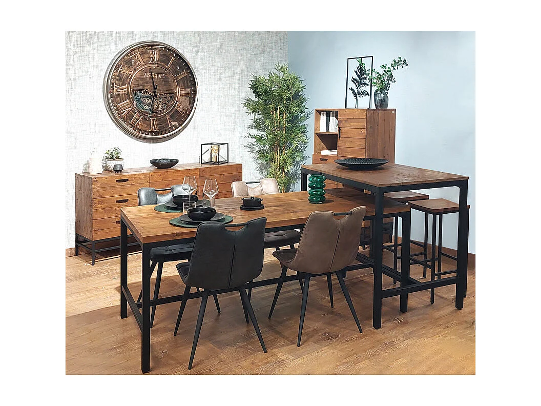 Table repas 180 cm bois rustique métal noir industriel - FACTORY