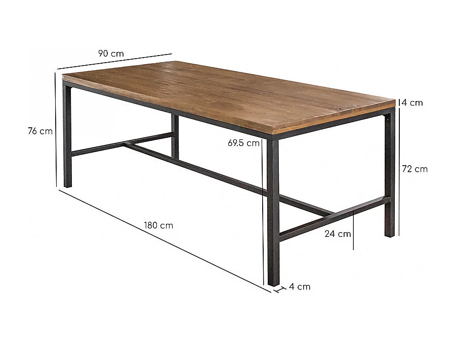 Table repas 180 cm bois rustique métal noir industriel - FACTORY