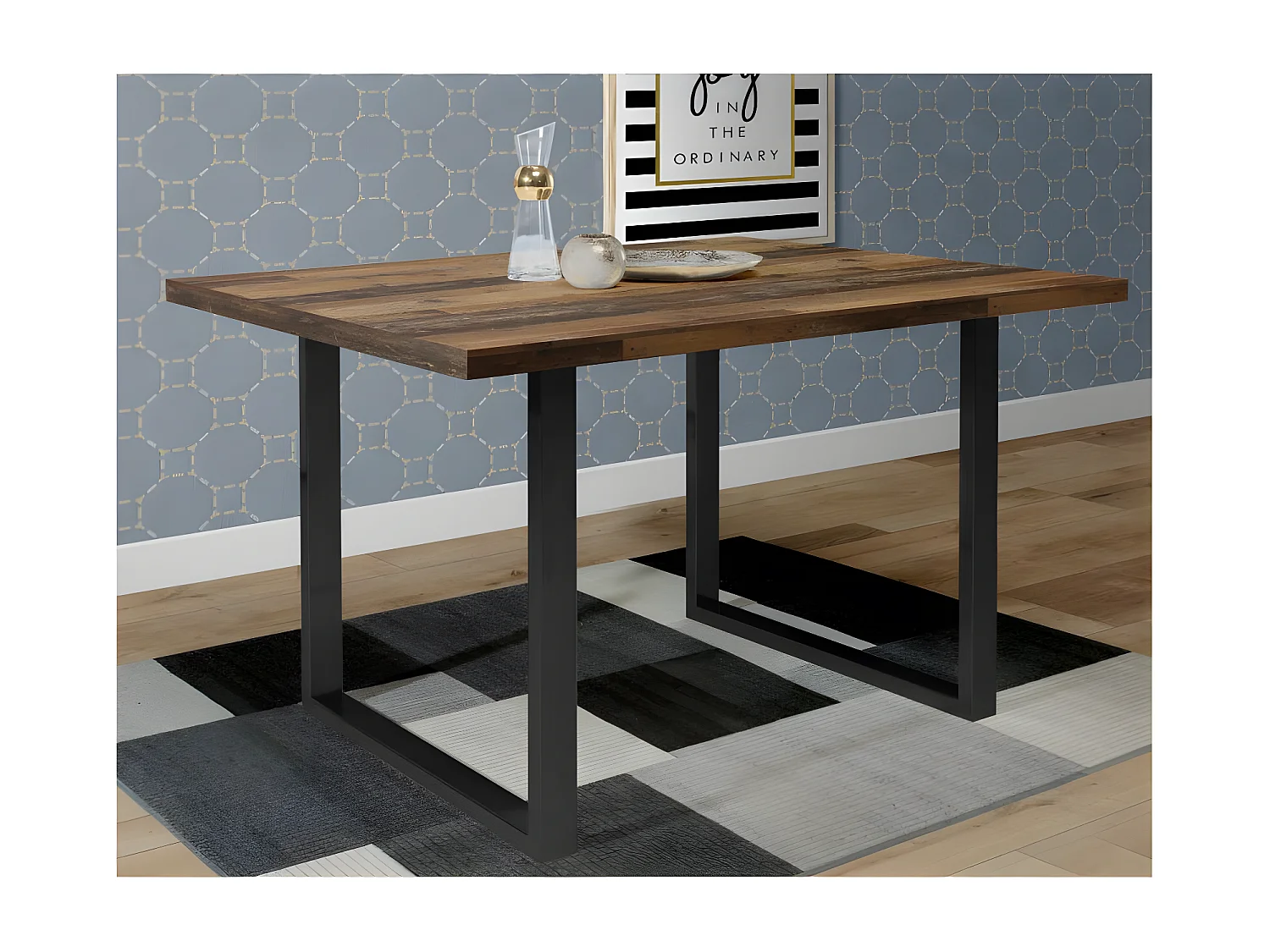 Table de repas 140 cm décor bois vintage pieds métal noir - MARNE 02