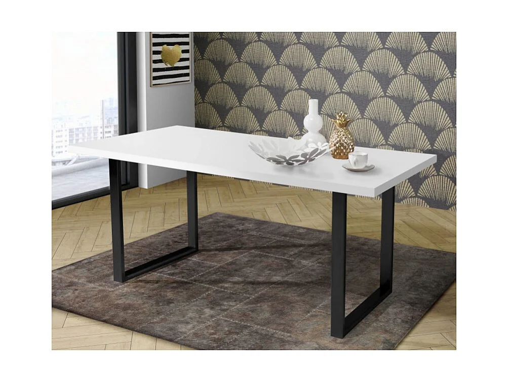 Table de repas 180 cm plateau blanc pieds luge métal noir - LOIRE 02