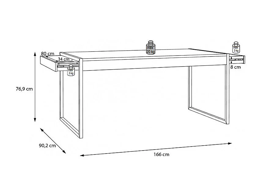 Table 166 cm 2 tiroirs décor bois chêne et pieds métal noir mat - MODE