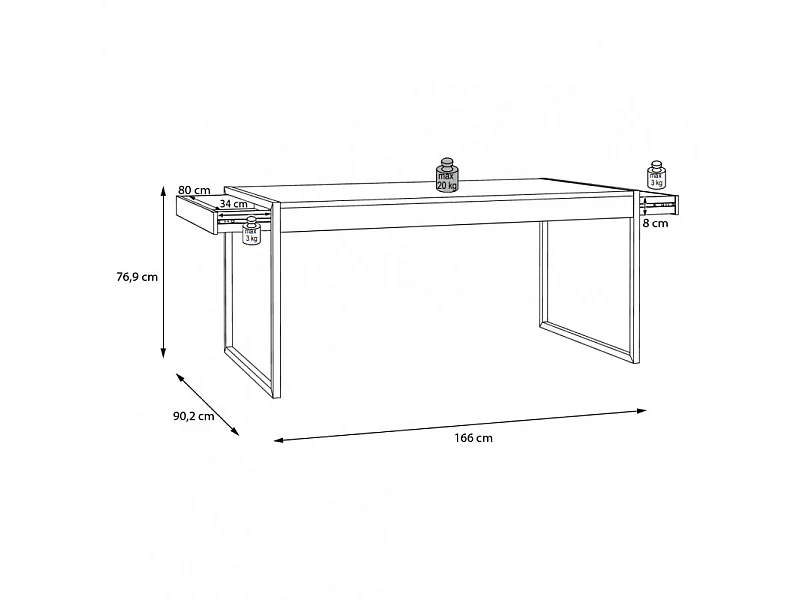 Table 166 cm 2 tiroirs décor bois chêne et pieds métal noir mat - MODE