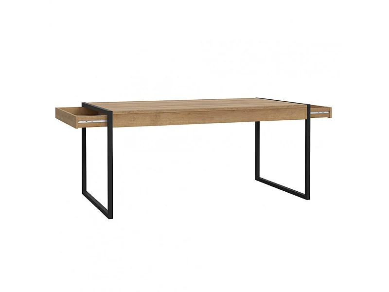 Table 166 cm 2 tiroirs décor bois chêne et pieds métal noir mat - MODE