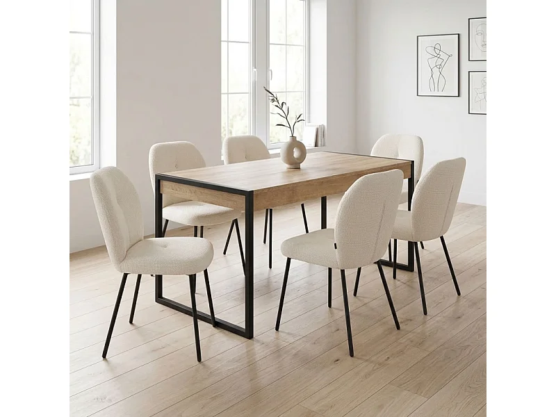 Table 166 cm 2 tiroirs décor bois chêne et pieds métal noir mat - MODE