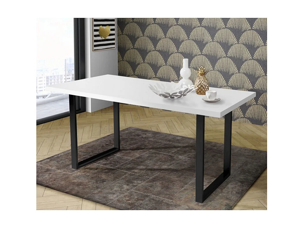 Table de repas 160 cm plateau blanc pieds luge métal noir - LOIRE 02