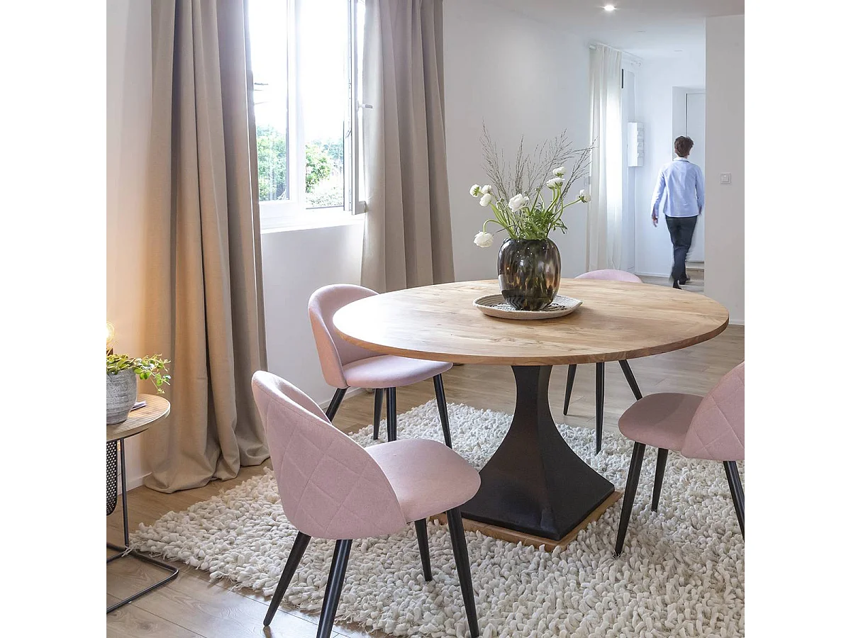 Mesa de comedor redonda de madera de acacia Montréal - Estilo industrial, diámetro de 140 cm, 4 plazas