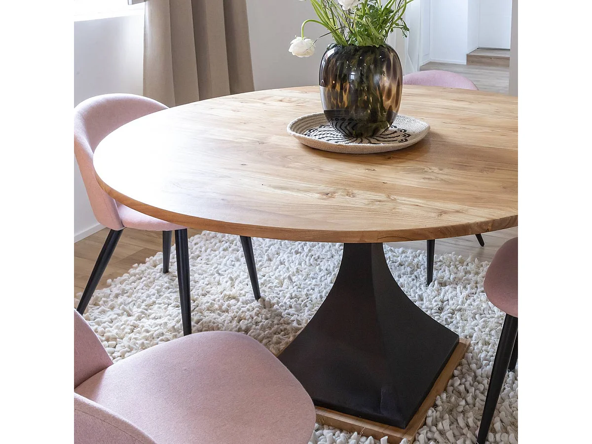 Mesa de comedor redonda de madera de acacia Montréal - Estilo industrial, diámetro de 140 cm, 4 plazas