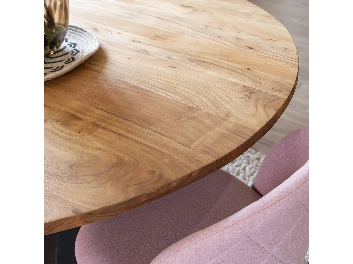 Mesa de comedor redonda de madera de acacia Montréal - Estilo industrial, diámetro de 140 cm, 4 plazas
