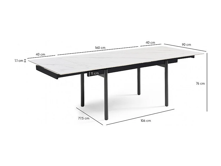 Table extensible 160/240 cm céramique blanc marbré pieds droits - NEVADA 09