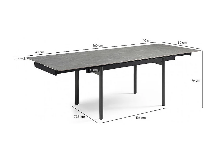 Table extensible 160/240 cm céramique gris marbré pieds droits - ARIZONA 09