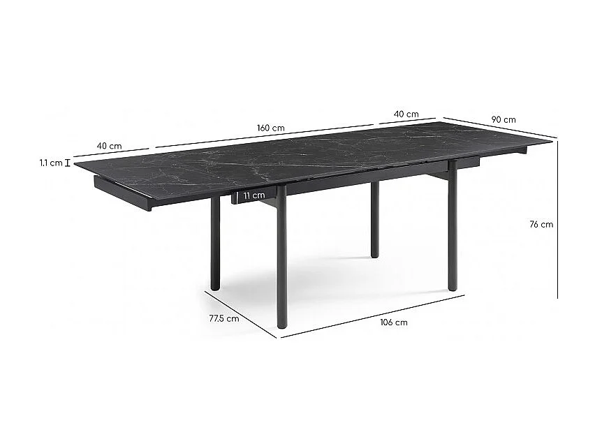 Table extensible 160/240 cm céramique noir marbré pieds droits - INDIANA 09
