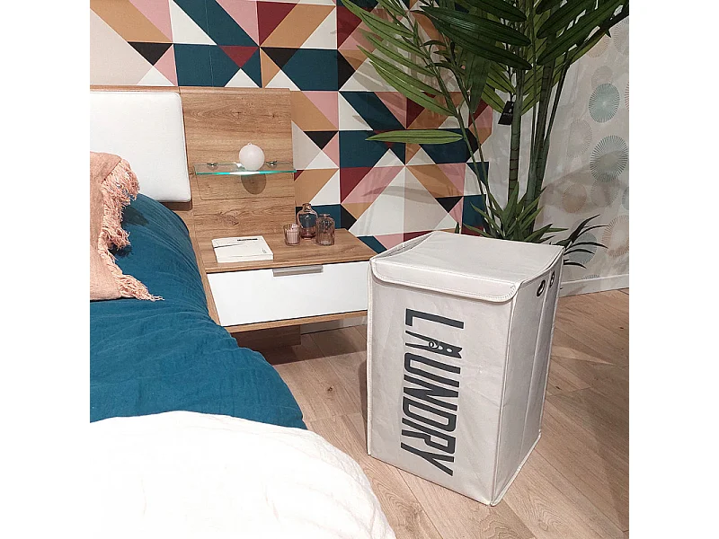 Panier à linge pliant carré en tissu blanc cassé avec couvercle - BASKET