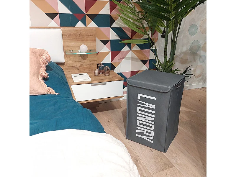 Panier à linge pliant carré en tissu gris avec couvercle - BASKET