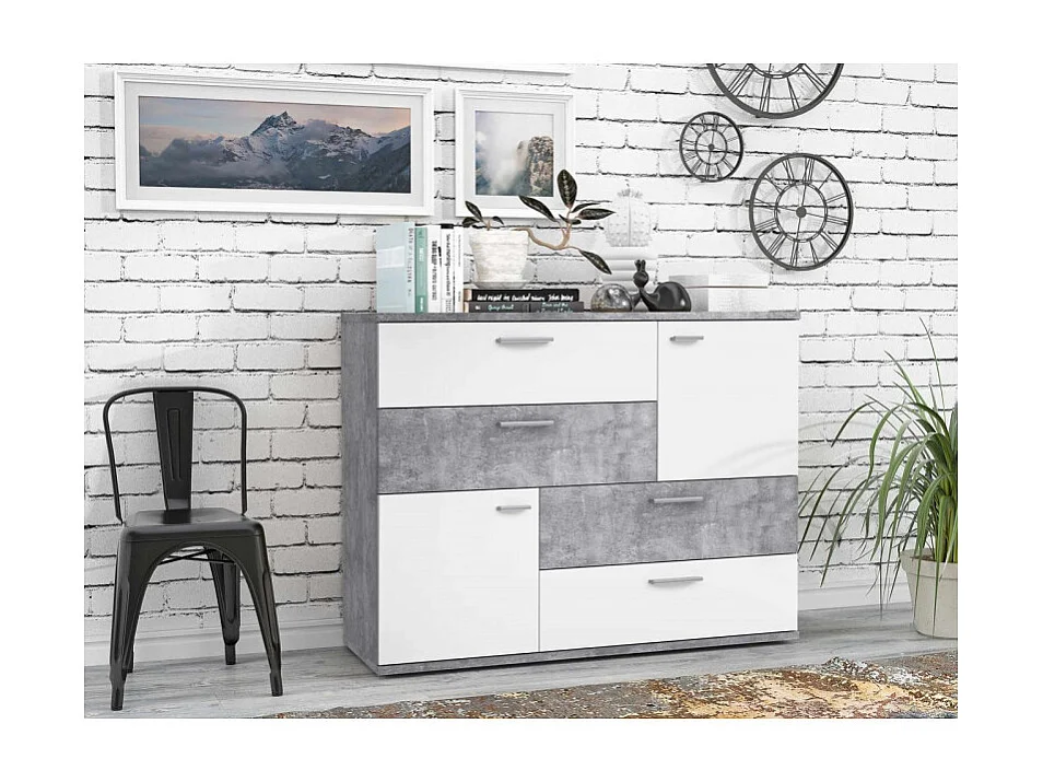 Commode 2 portes 4 tiroirs blanc décor béton - DEST