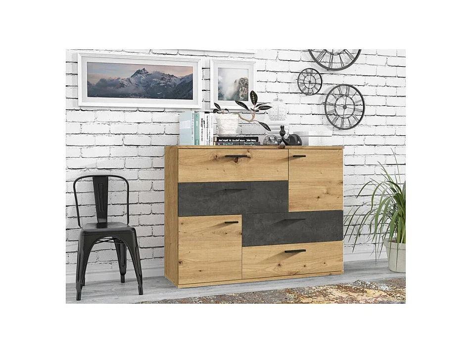Commode 2 portes 4 tiroirs décor chêne artisan béton gris - DEST