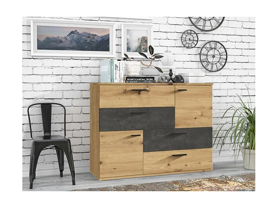 Commode 2 portes 4 tiroirs décor chêne artisan béton gris - DEST