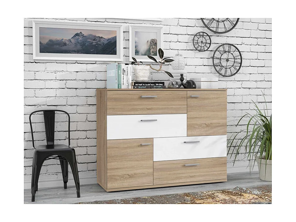 Commode 2 portes 4 tiroirs décor chêne clair blanc - DEST