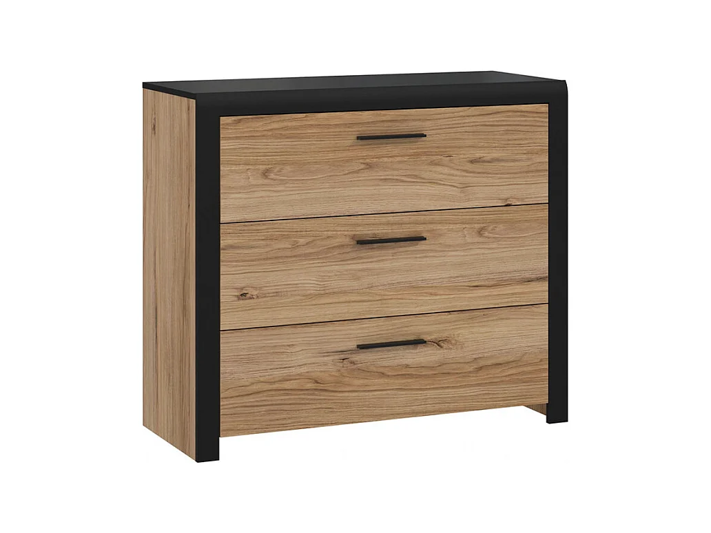 Commode 100 cm 3 tiroirs décor bois de chêne et noir - KAMILA