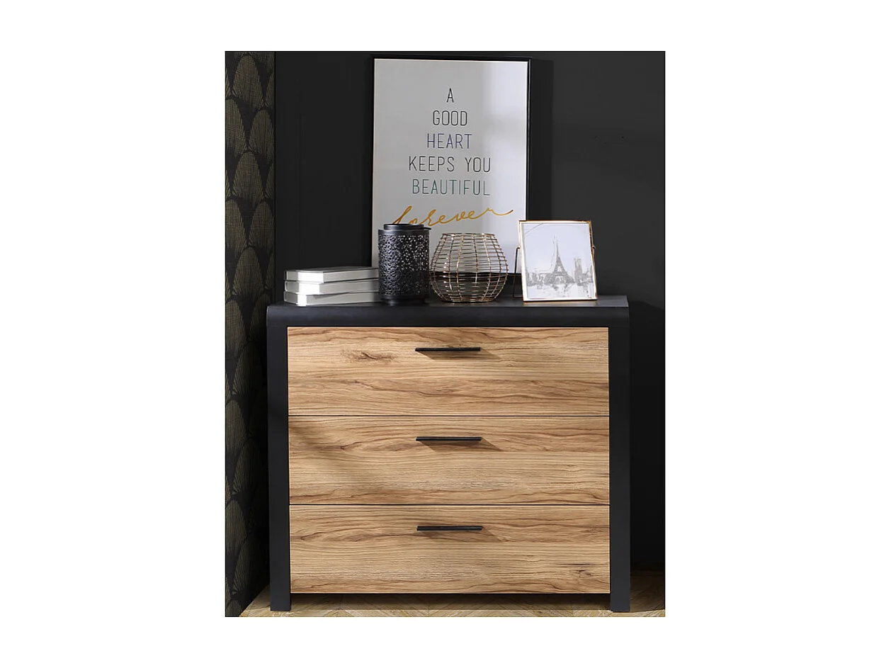 Commode 100 cm 3 tiroirs décor bois de chêne et noir - KAMILA