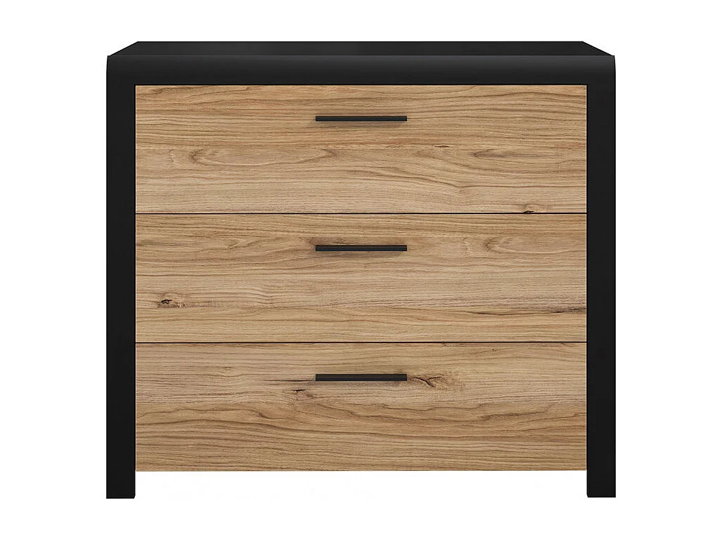 Commode 100 cm 3 tiroirs décor bois de chêne et noir - KAMILA