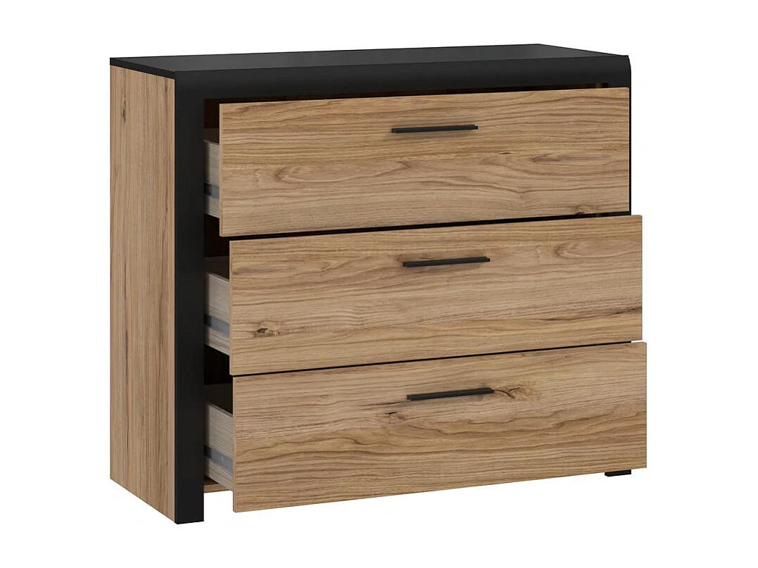 Commode 100 cm 3 tiroirs décor bois de chêne et noir - KAMILA