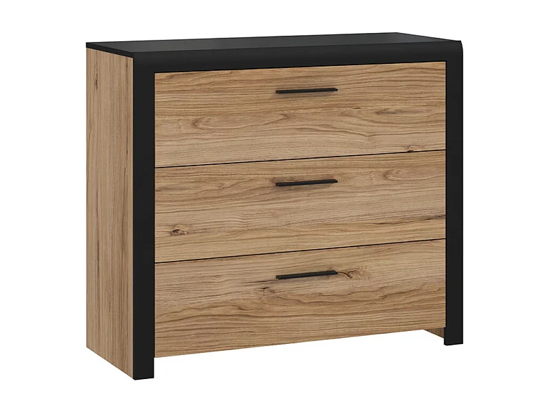 Commode 100 cm 3 tiroirs décor bois de chêne et noir - KAMILA