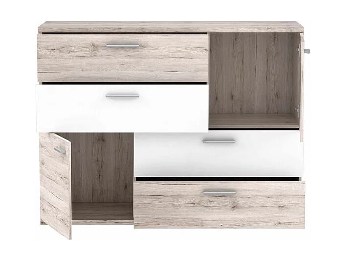 Commode 2 portes 4 tiroirs décor chêne cendré blanc - DEST