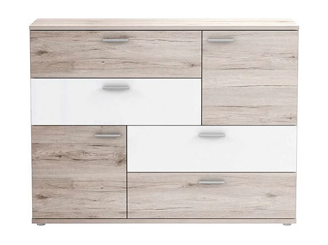 Commode 2 portes 4 tiroirs décor chêne cendré blanc - DEST