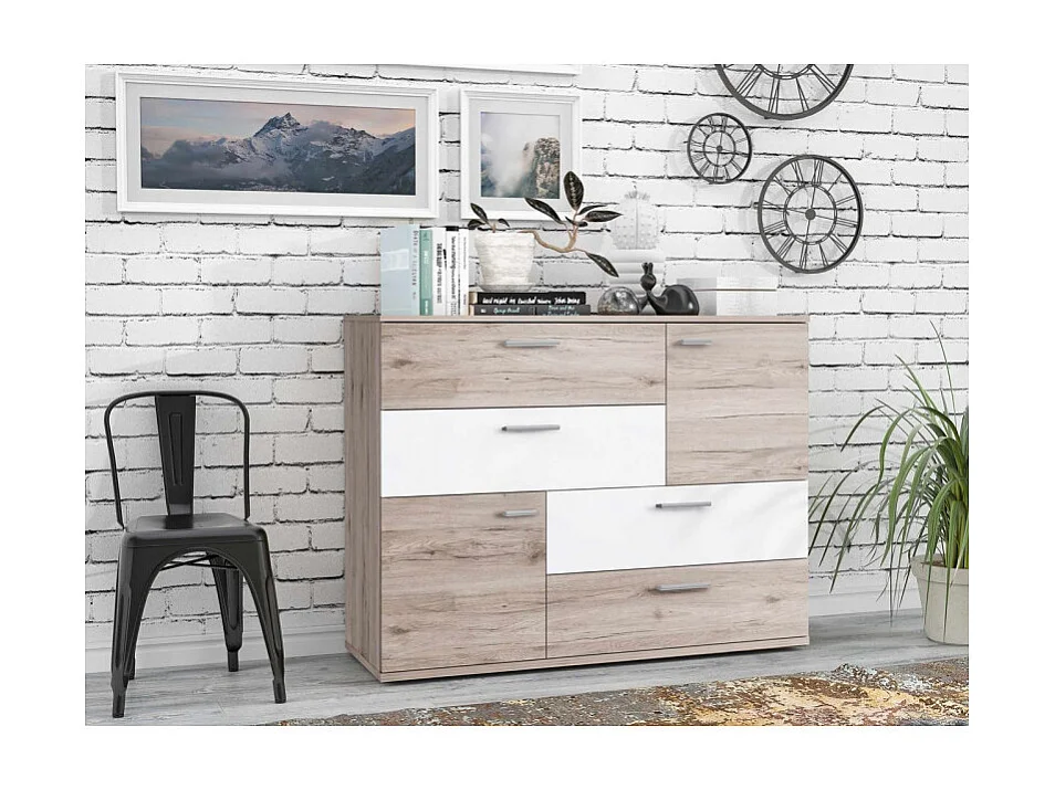 Commode 2 portes 4 tiroirs décor chêne cendré blanc - DEST