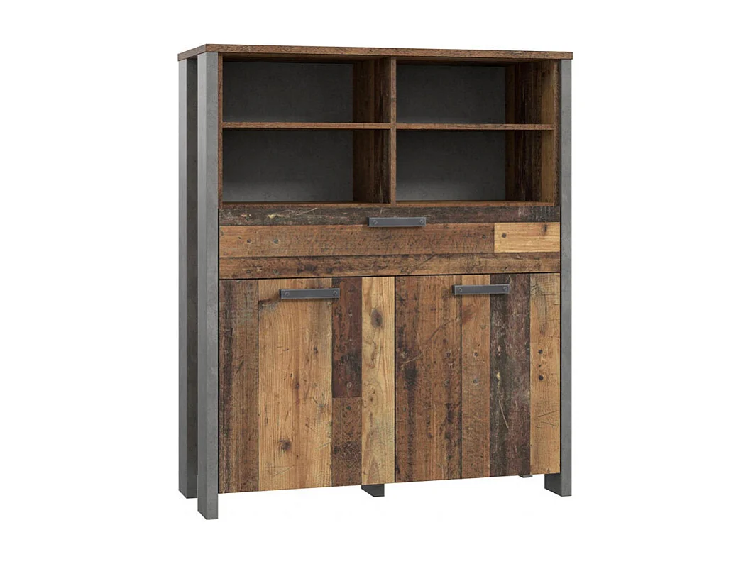 Commode 2 portes et 1 tiroir effet bois vieilli et béton gris - BUCK