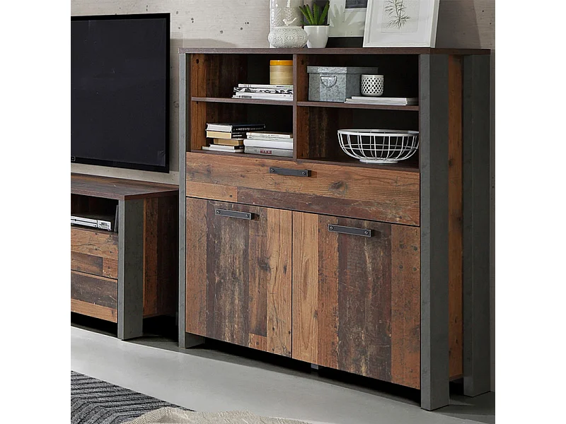 Commode 2 portes et 1 tiroir effet bois vieilli et béton gris - BUCK