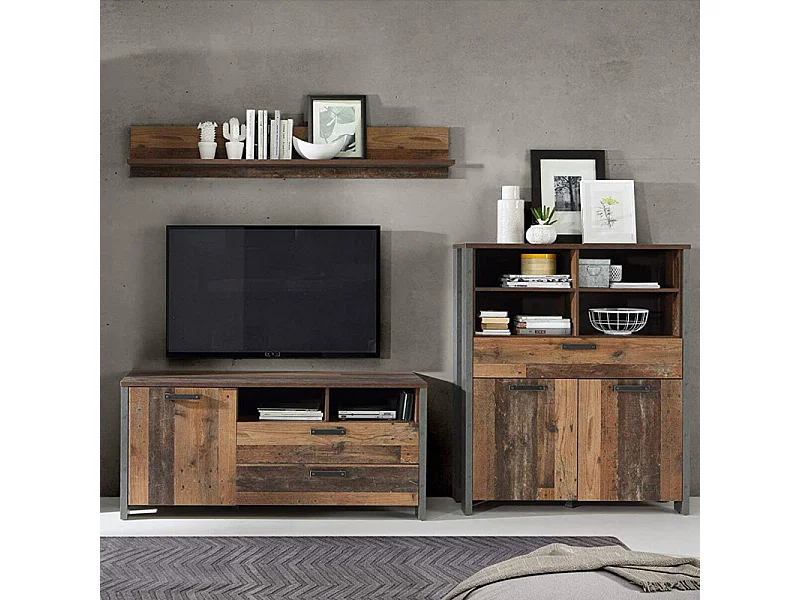 Commode 2 portes et 1 tiroir effet bois vieilli et béton gris - BUCK