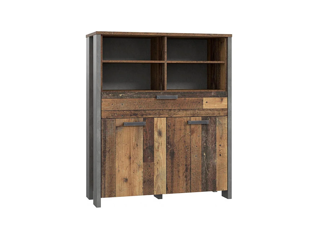 Commode 2 portes et 1 tiroir effet bois vieilli et béton gris - BUCK
