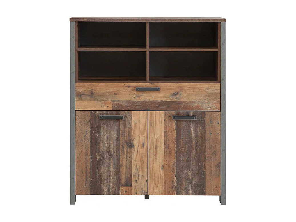 Commode 2 portes et 1 tiroir effet bois vieilli et béton gris - BUCK