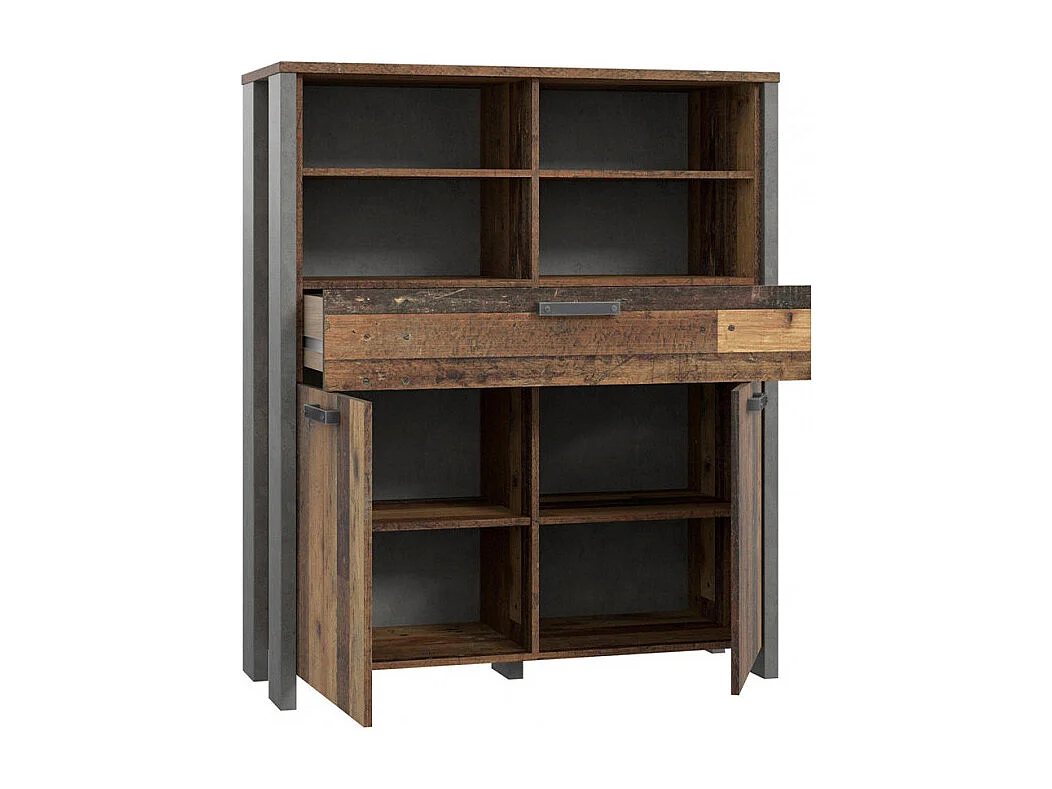 Commode 2 portes et 1 tiroir effet bois vieilli et béton gris - BUCK