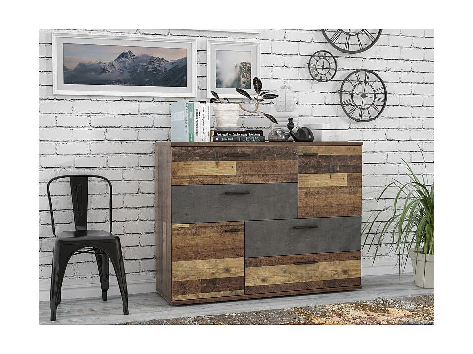 Commode 2 portes 4 tiroirs décor bois vintage béton gris - DEST