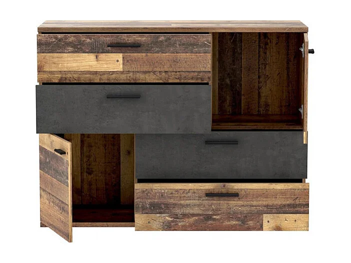 Commode 2 portes 4 tiroirs décor bois vintage béton gris - DEST