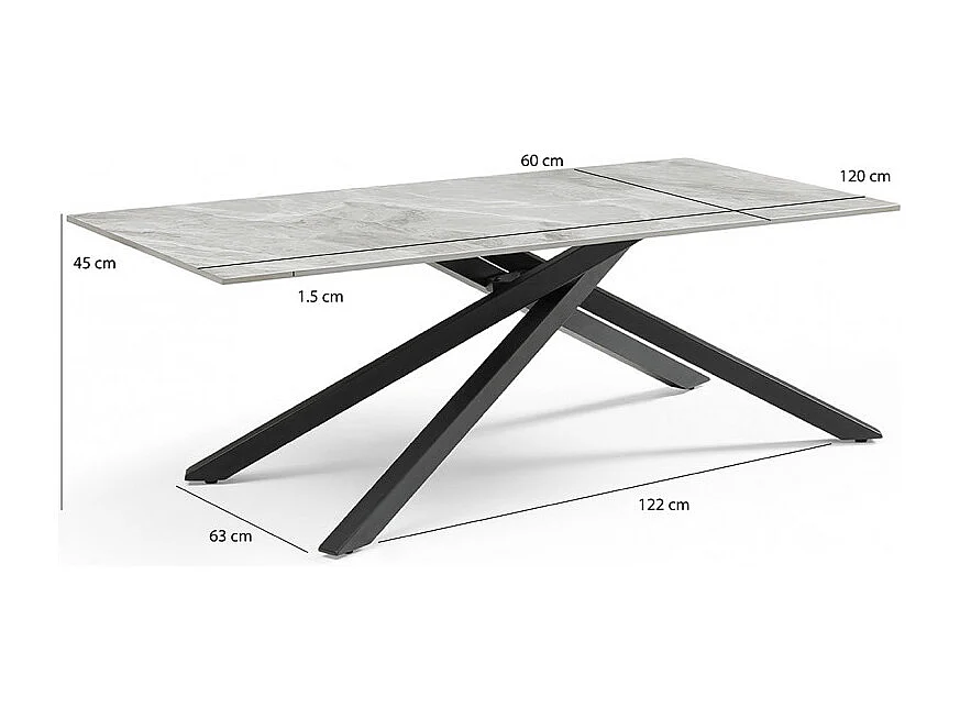 Table basse 120x60 cm céramique gris marbré laqué pied torsadé - DAKOTA 05