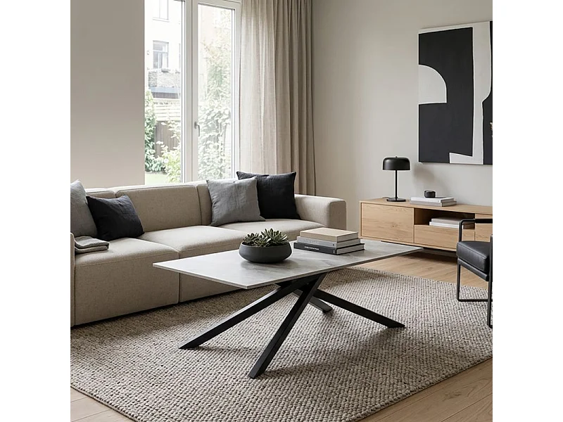 Table basse 120x60 cm céramique gris marbré laqué pied torsadé - DAKOTA 05