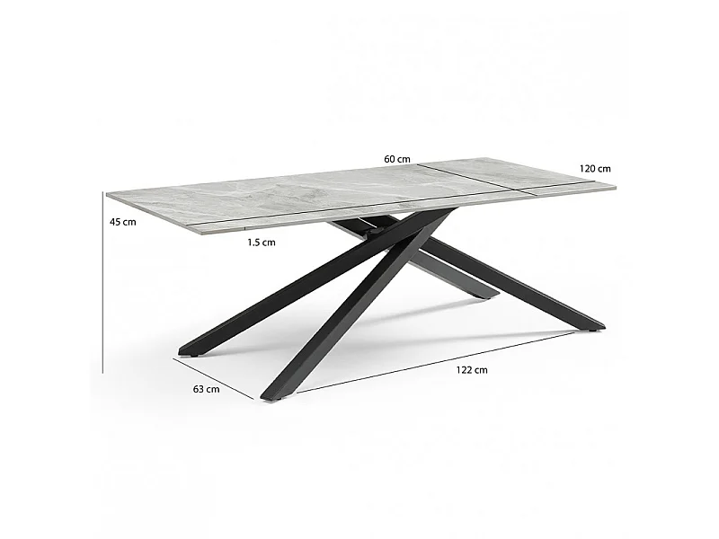 Table basse 120x60 cm céramique gris marbré laqué pied torsadé - DAKOTA 05