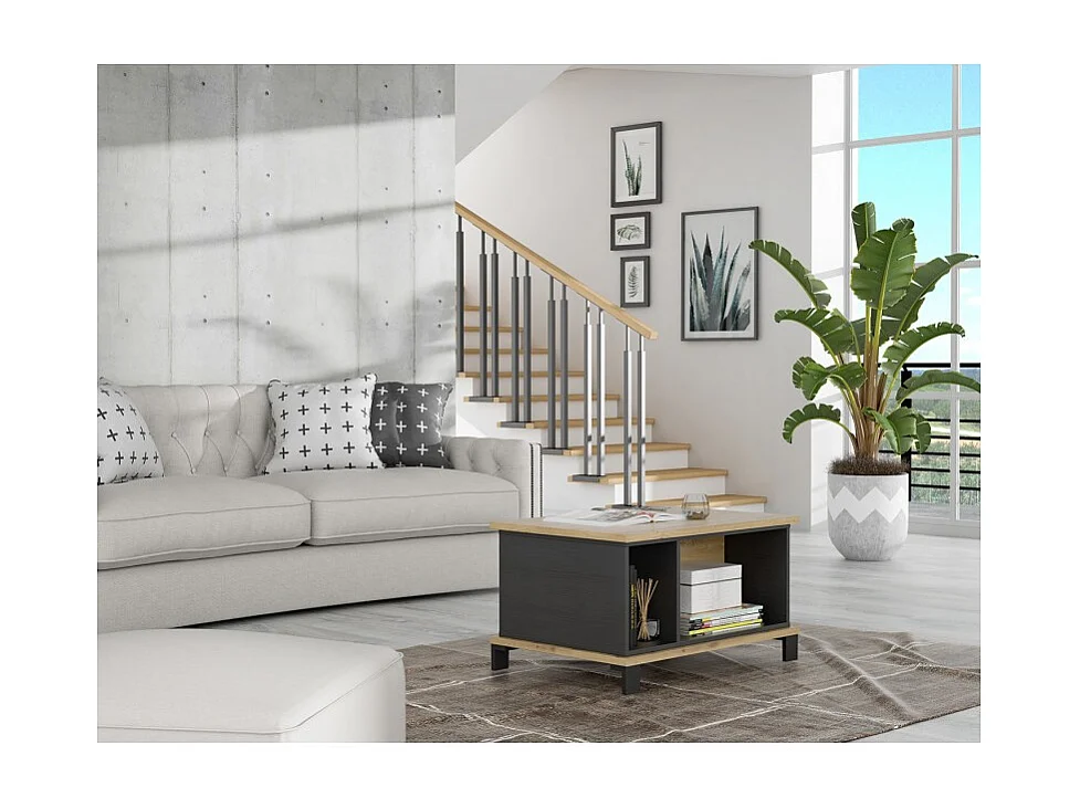 Table basse rectangulaire 80 cm décor bois clair et noir - ALIA