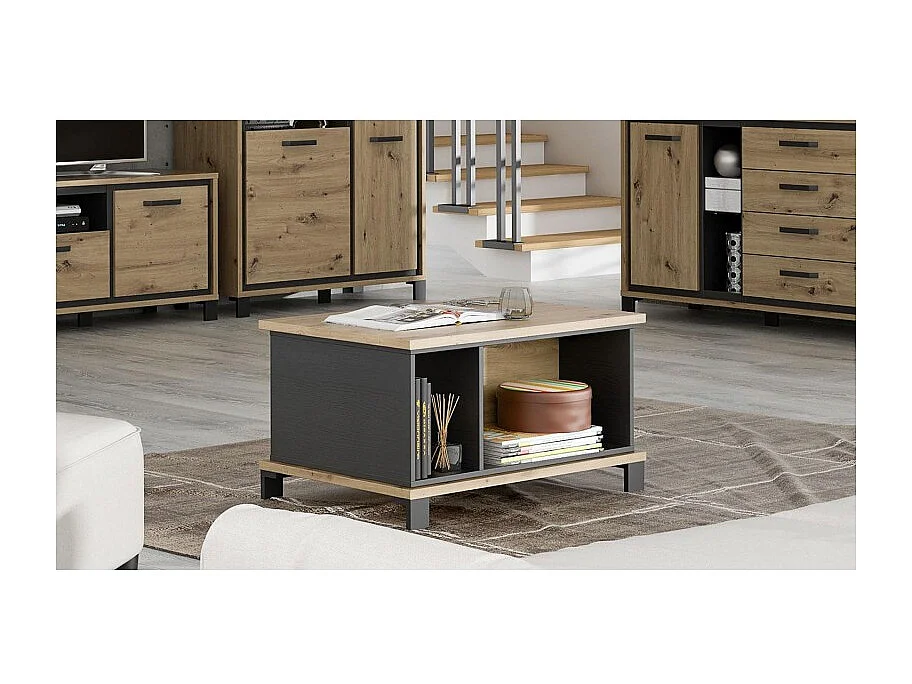 Table basse rectangulaire 80 cm décor bois clair et noir - ALIA