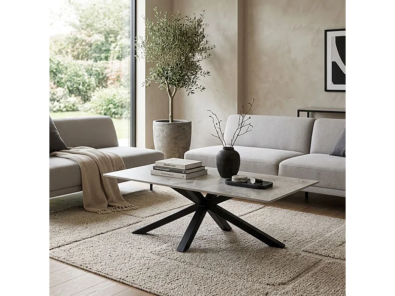 Table basse 120x60 cm céramique gris marbré laqué pied croix - DAKOTA 04