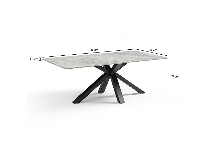 Table basse 120x60 cm céramique gris marbré laqué pied croix - DAKOTA 04