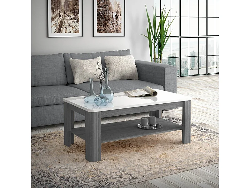 Table basse 110 cm blanc laqué et pieds décor bois gris - ALEXIANE