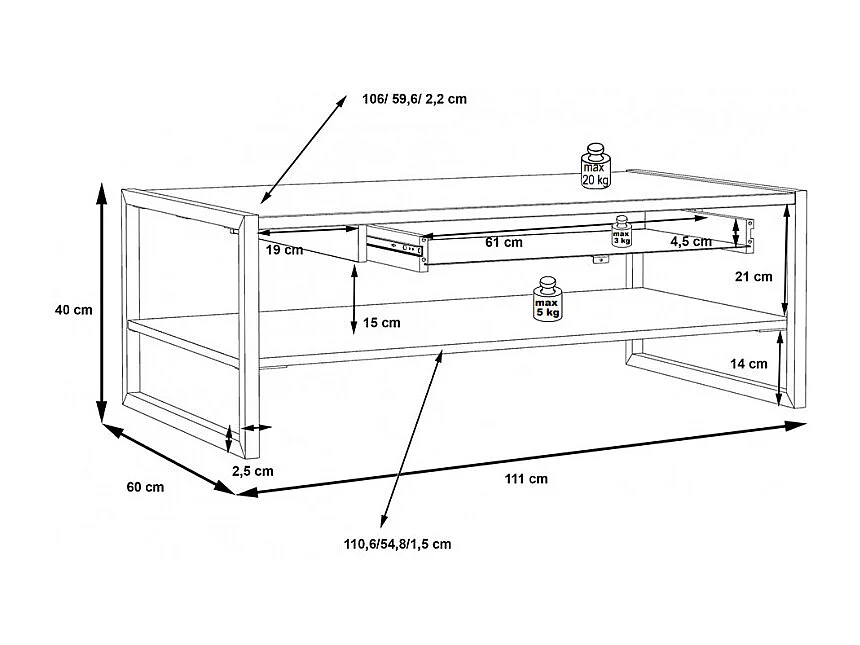 Table basse 110 cm décor bois chêne et pieds métal noir mat - MODE