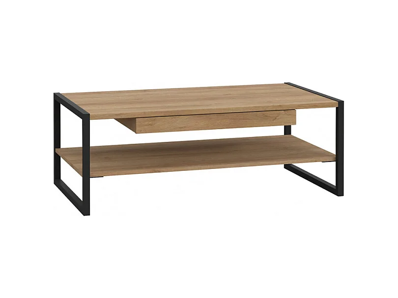Table basse 110 cm décor bois chêne et pieds métal noir mat - MODE