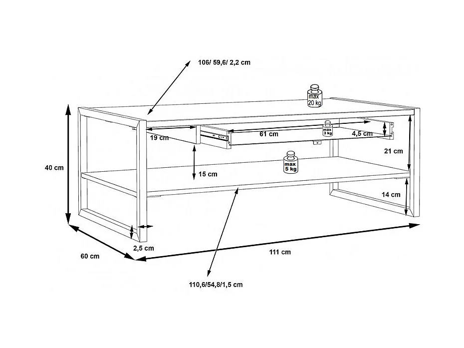 Table basse 110 cm décor bois chêne et pieds métal noir mat - MODE