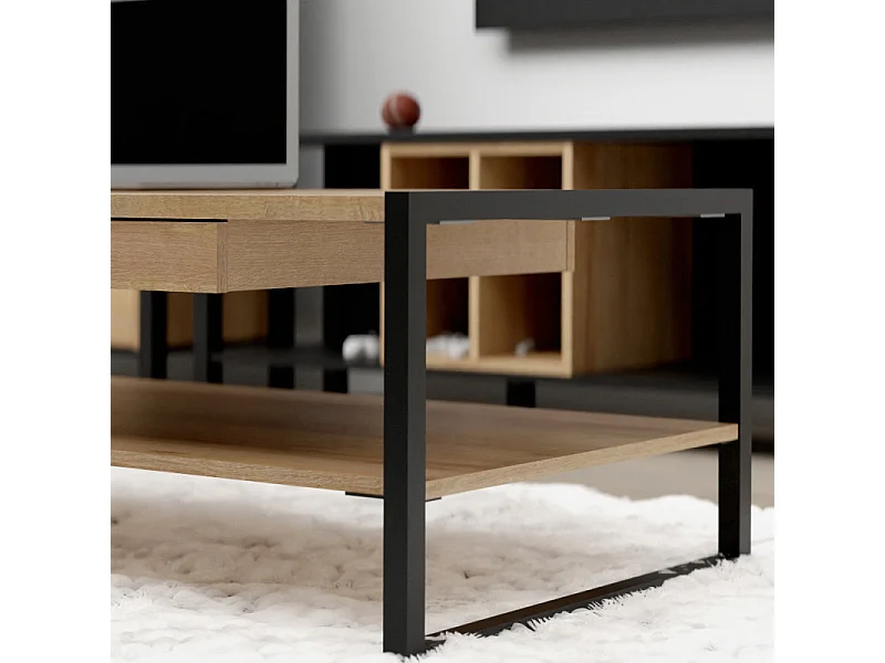 Table basse 110 cm décor bois chêne et pieds métal noir mat - MODE