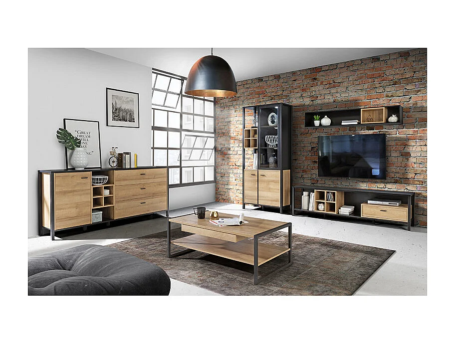 Table basse 110 cm décor bois chêne et pieds métal noir mat - MODE